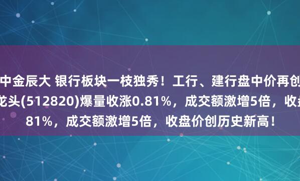 中金辰大 银行板块一枝独秀！工行、建行盘中价再创新高，银行ETF龙头(512820)爆量收涨0.81%，成交额激增5倍，收盘价创历史新高！